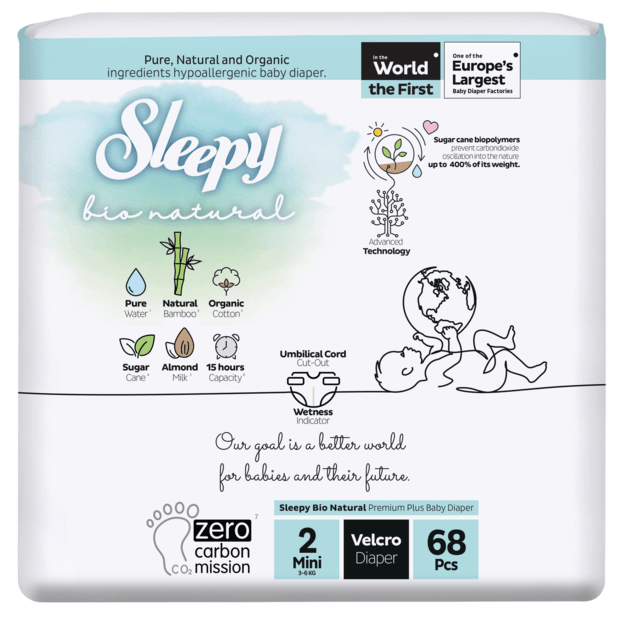SLEEPY “Bio Natural” sauskelnės 2 Mini (3-6 Kg / 68 Vnt.)